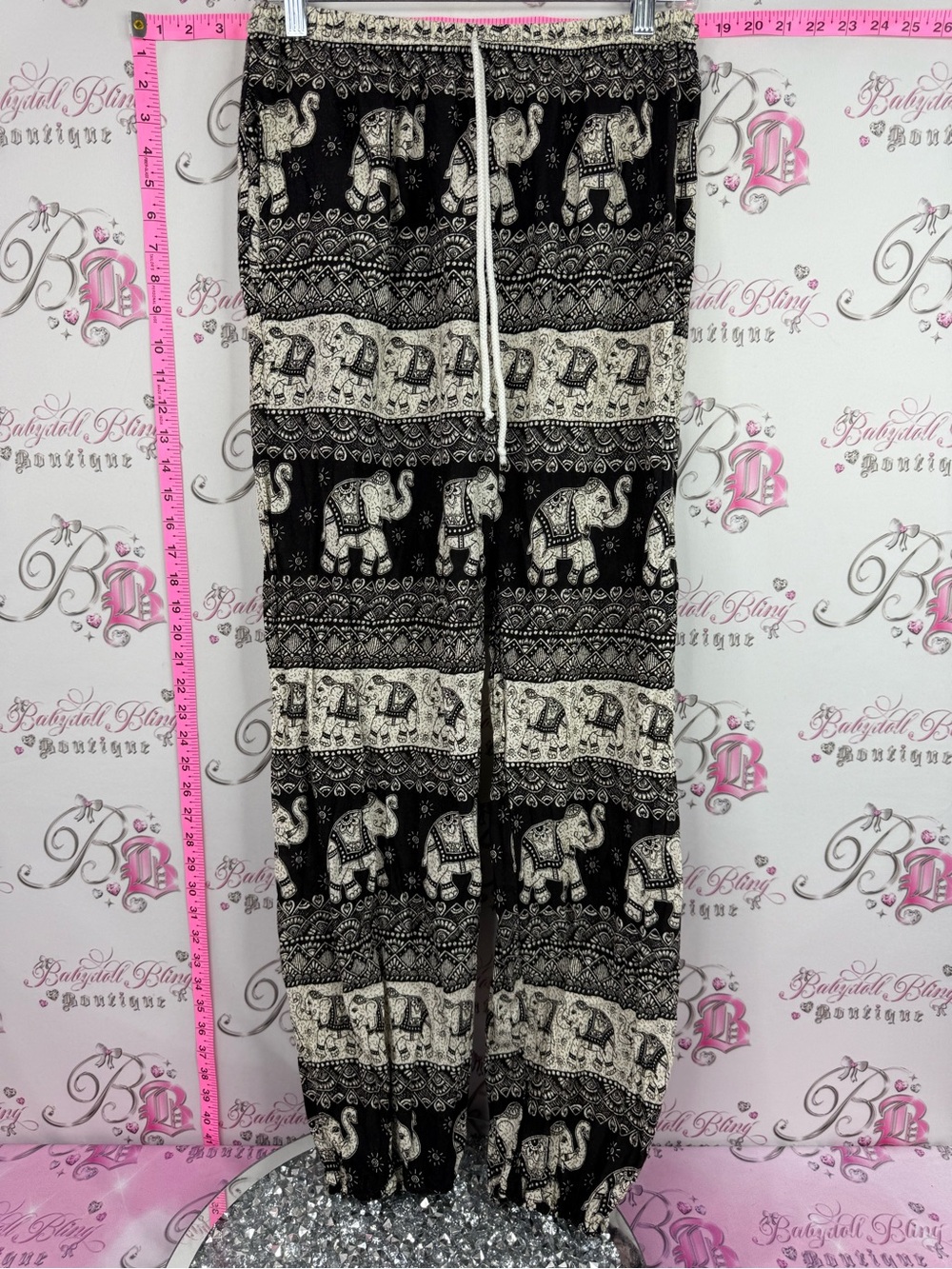 Thailand pants elephant Black & Cream Elephant Print Drawstring Pants jogger